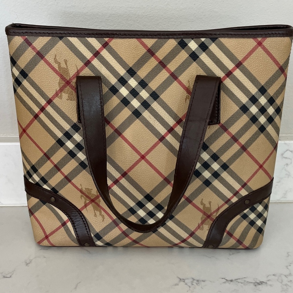 EUC Burberry Haymarket Nova Check Studded Handbag Tote Coated Canvas